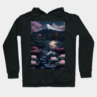 Serene Mount Fuji Sunset - Peaceful River Scenery - Lotus Flowers Hoodie